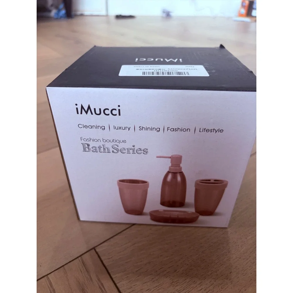 iMucci 5 Piece Grey and Bamboo Bathroom Accessory Set Soap Dispenser Tumbler